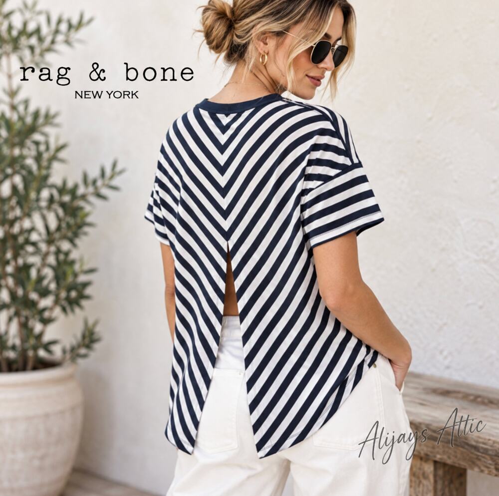 Rag & Bone Striped Open Back Tee Shirt Size XS Modal Cotton Chevron Split Back